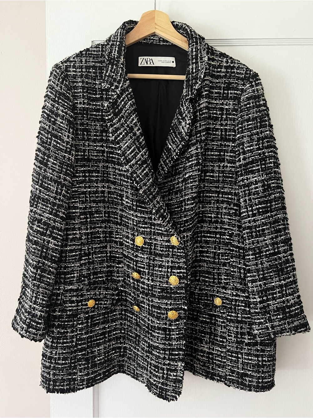Zara Black & White Tweed Double-Breasted Blazer with Gold Buttons